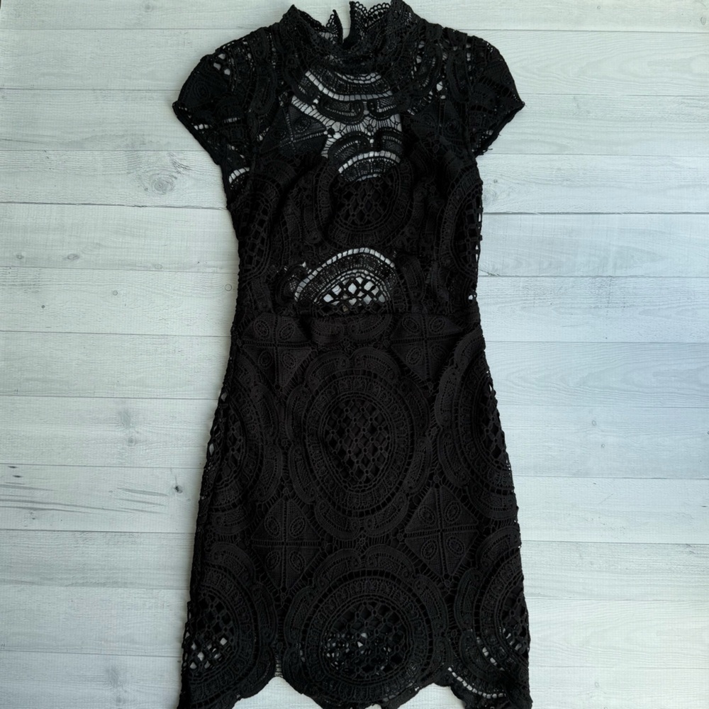 Bebe Elegant Black Open Back Lace Mini Dress XS